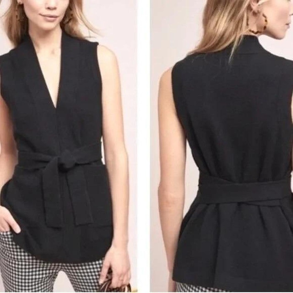 Anthropologie Black Sleeveless Shawl Collar Belted Vest Size S
